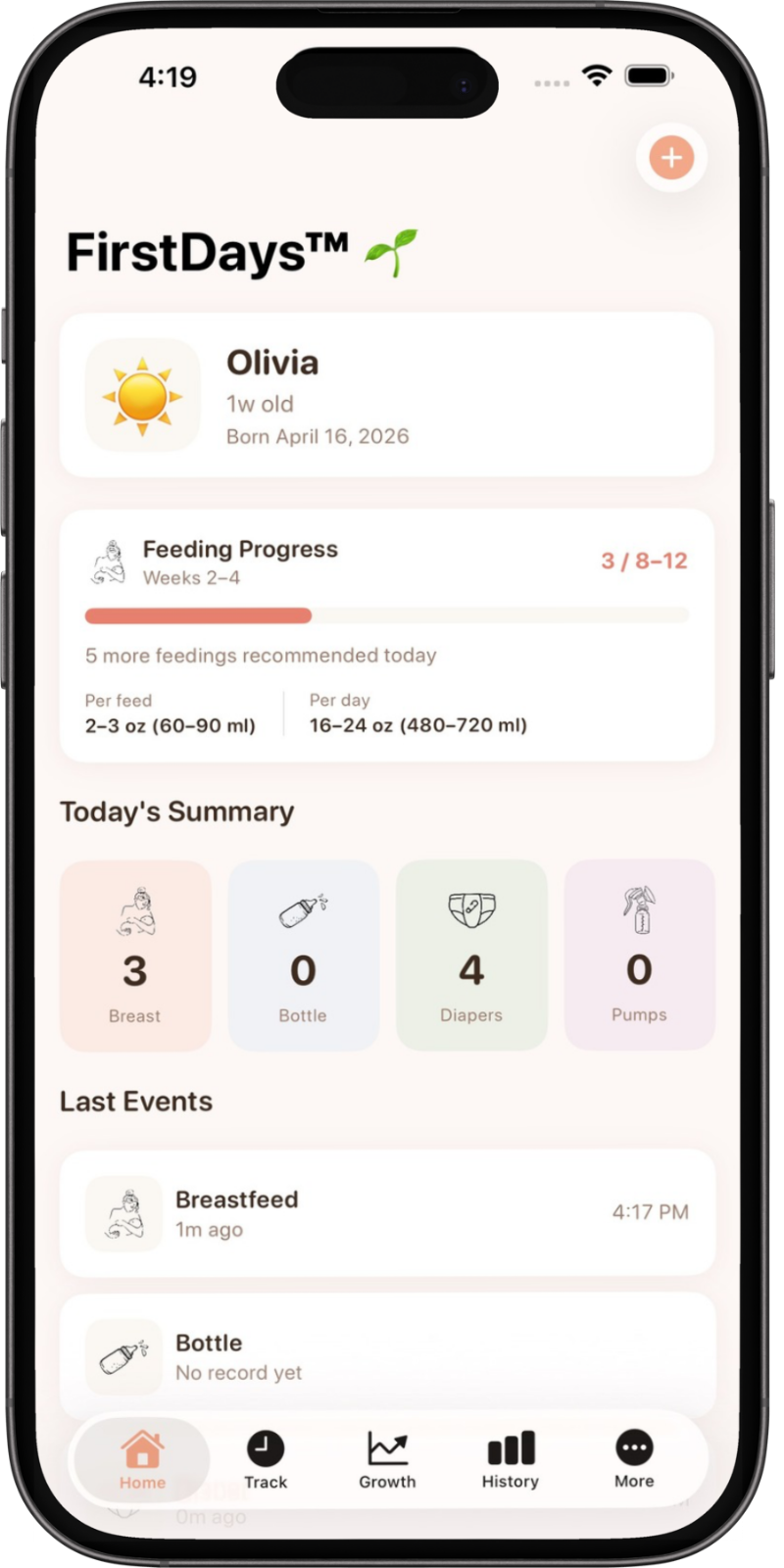 FirstDays home screen